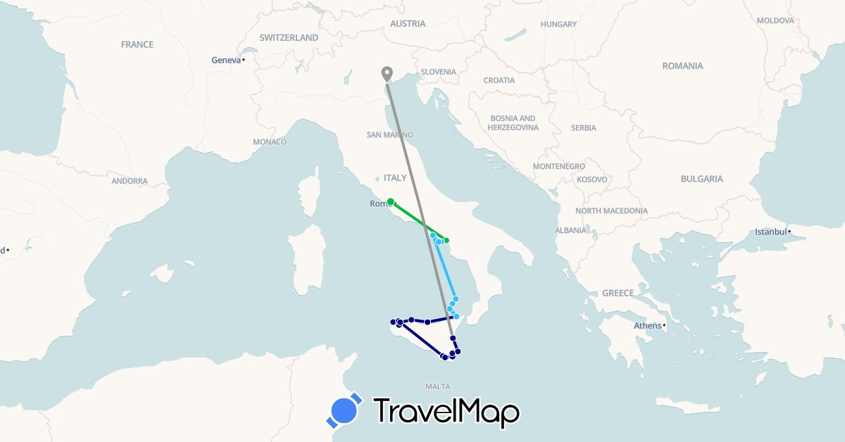 TravelMap itinerary: driving, bus, plane, boat in Italy (Europe)